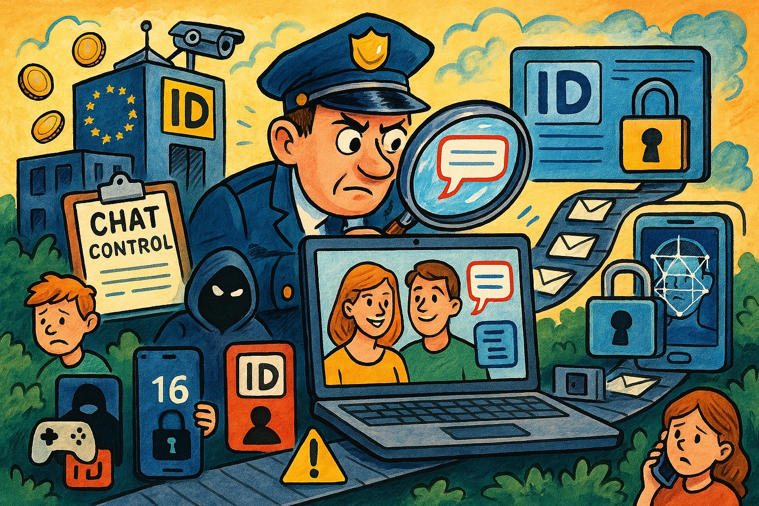 Cartoon met thema’s rond Europese chatcontrole: vergrootglas boven chatberichten, laptop met gesprek, smartphones met leeftijdsgrens en ID-iconen, sloten voor encryptie, EU-gebouw met digitale muntjes, camera’s en AI-scanning.