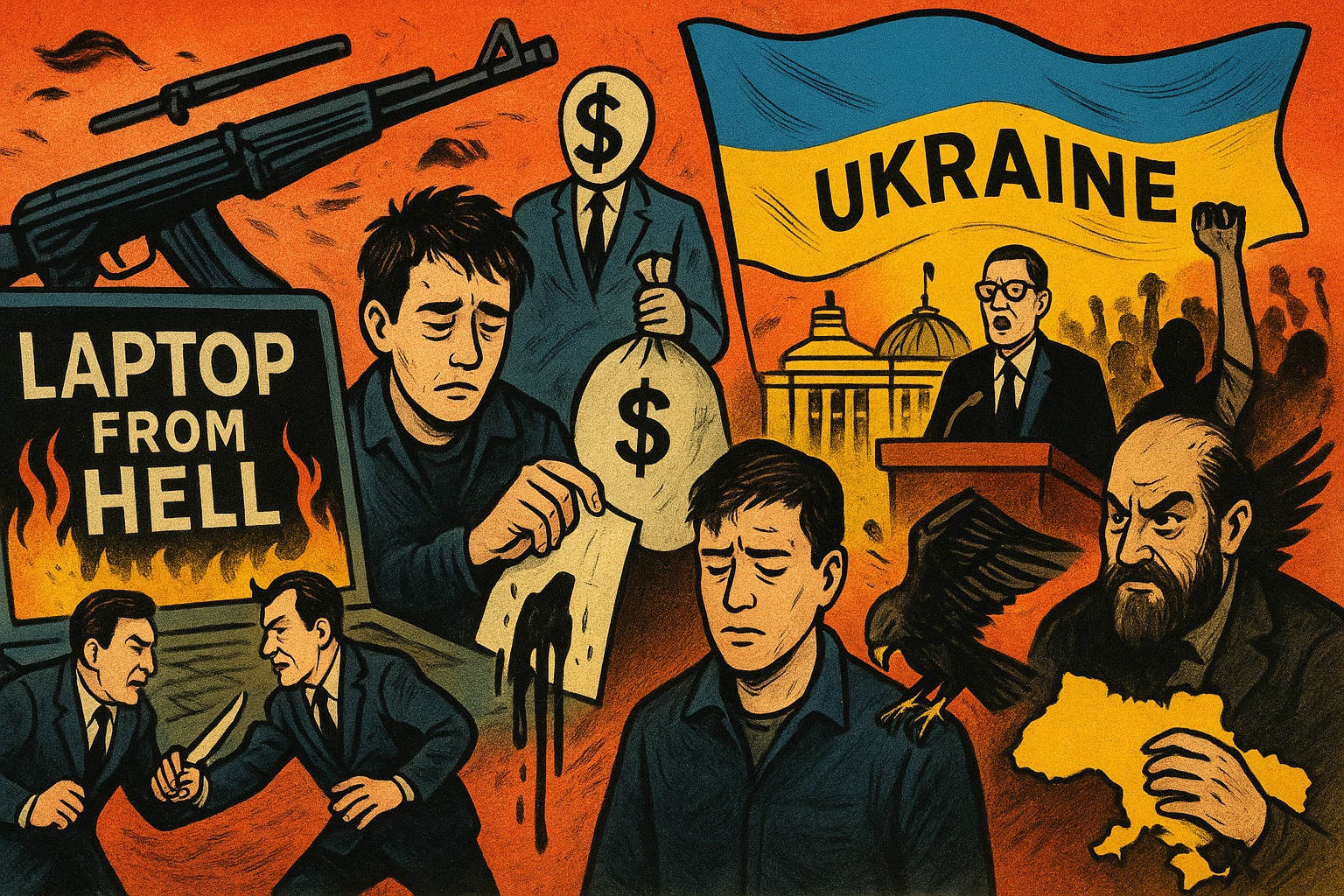 Kleurrijke politieke cartoon met thema’s als een brandende laptop, geldstromen, corrupte systemen, Oekraïense symboliek, protest en geopolitieke spanningen.