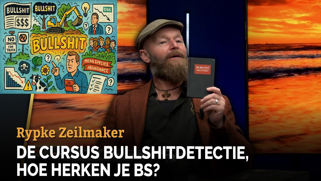 Handgetekende politieke cartoon met thema’s rond bullshitdetectie: een graafmachine die bomen begraaft, dalende grafieken, borden met “No concern for truth”, landbouwsymbolen, een koe, biodiversiteitsmodellen en verschillende vraagtekens die misleidende wetenschap en beleid verbeelden.