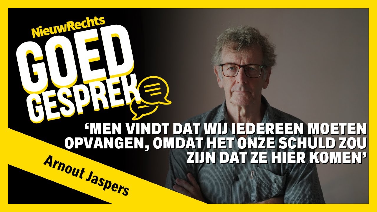 Arnout Jaspers poseert voor een foto, met onderaan de quote: "Men vindt dat wij iedereen moeten opvangen, omdat het onze schuld zou zijn dat ze hier komen."