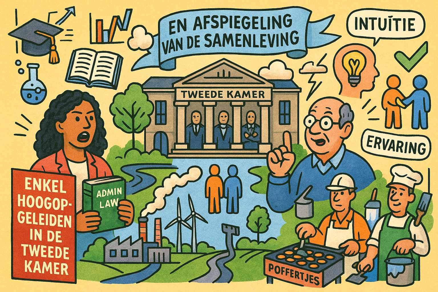 Cartoon die het debat over de samenstelling van de Tweede Kamer visualiseert: centraal het parlementsgebouw, links symbolen van academische kennis zoals boeken, afstudeerhoed en wetenschapsiconen, rechts vakmensen met poffertjeskraam en schildergereedschap, plus begrippen als intuïtie en ervaring. Achtergrond bevat fabriek, windmolens en rivieren om beleidsthema’s te tonen.