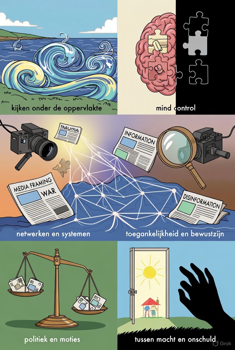Kleurrijke cartoon die thema’s uit de documentaire “Beneath the Surface” verbeeldt: onderwaterstromingen, brein met schakelaars, netwerken, media-framing, politieke weegschaal en een open deur voor bewustwording.