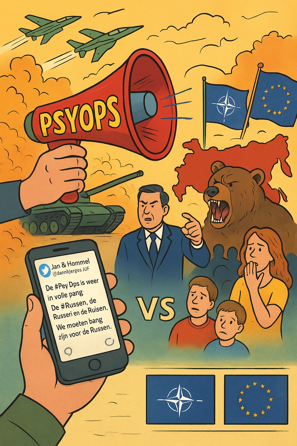 Een kleurrijke politieke cartoon met een megafoon met het woord “PSYOPS”, straaljagers in de lucht, een tank, EU- en NAVO-vlaggen, een rode kaart van Rusland met een brullende beer, een bezorgde familie, een politicus die waarschuwend wijst en een hand die een smartphone vasthoudt met een tweet over angst voor Rusland.
