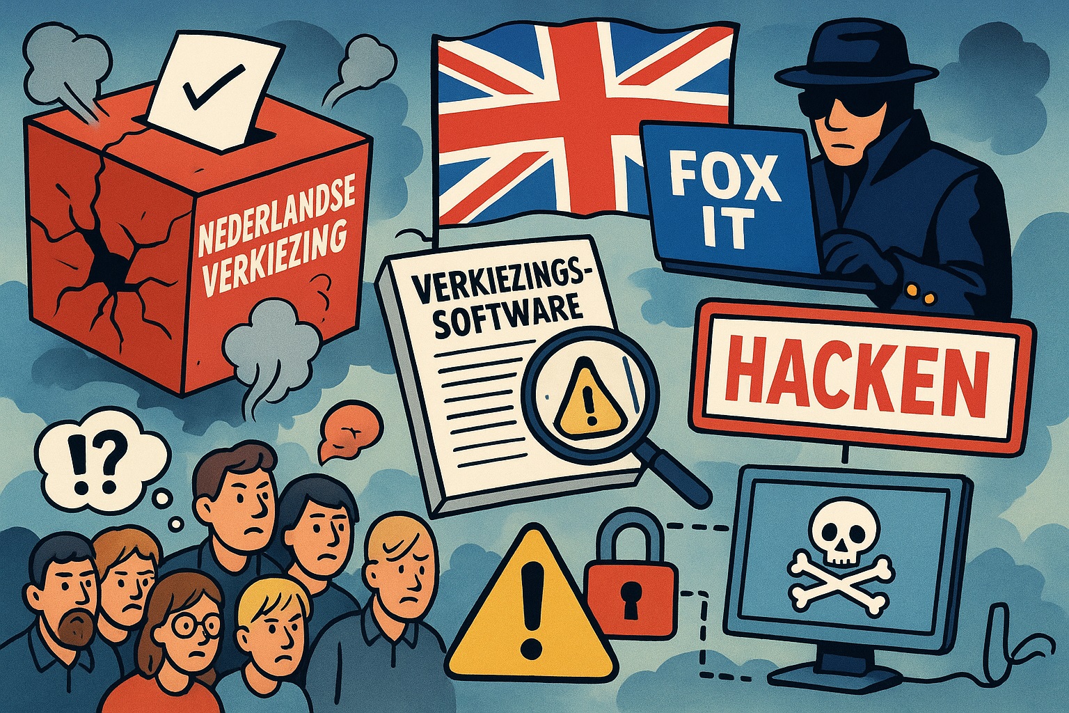Cartoon waarin thema’s rond kwetsbare Nederlandse verkiezingssoftware, Britse inmenging, Fox IT en digitale spionage worden verbeeld met symbolen als een stembus, Britse vlag, waarschuwingstekens en een hacker met laptop.