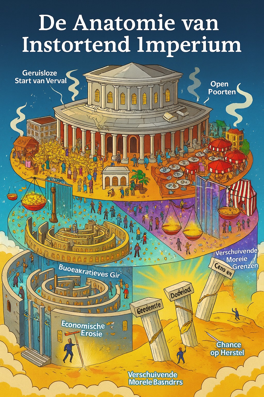 Kleurrijke cartoon die de symbolische onderdelen toont van een instortend imperium: overvloed die vervalt, bureaucratische doolhoven, open poorten, verschuivende morele grenzen en wankelende pilaren voor geloof, familie en identiteit.