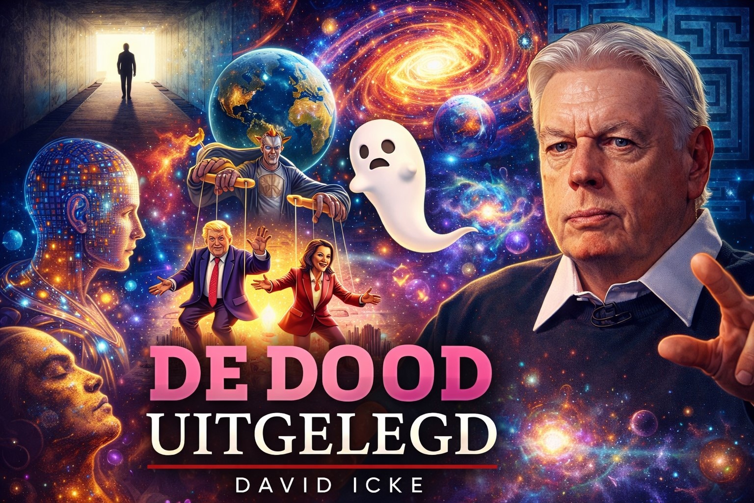 Illustratie van David Icke met kosmische achtergrond, een tunnel van licht, een menselijk bewustzijn, een geest en symbolen die dood, simulatie en bewustzijn verbeelden.