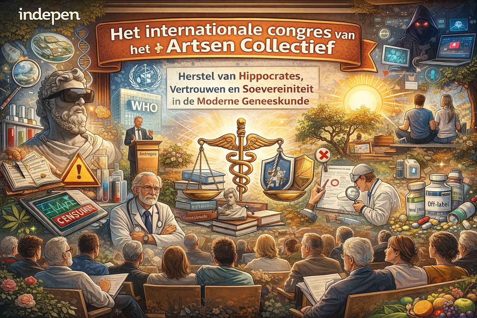 Kleurrijke illustratie van het internationale congres van het Artsen Collectief, waarin medische ethiek, vertrouwen, soevereiniteit, de eed van Hippocrates, informed consent, off-label behandeling, debat, censuur, globalisering en gezondheidszorg samenkomen in één symbolische scène.