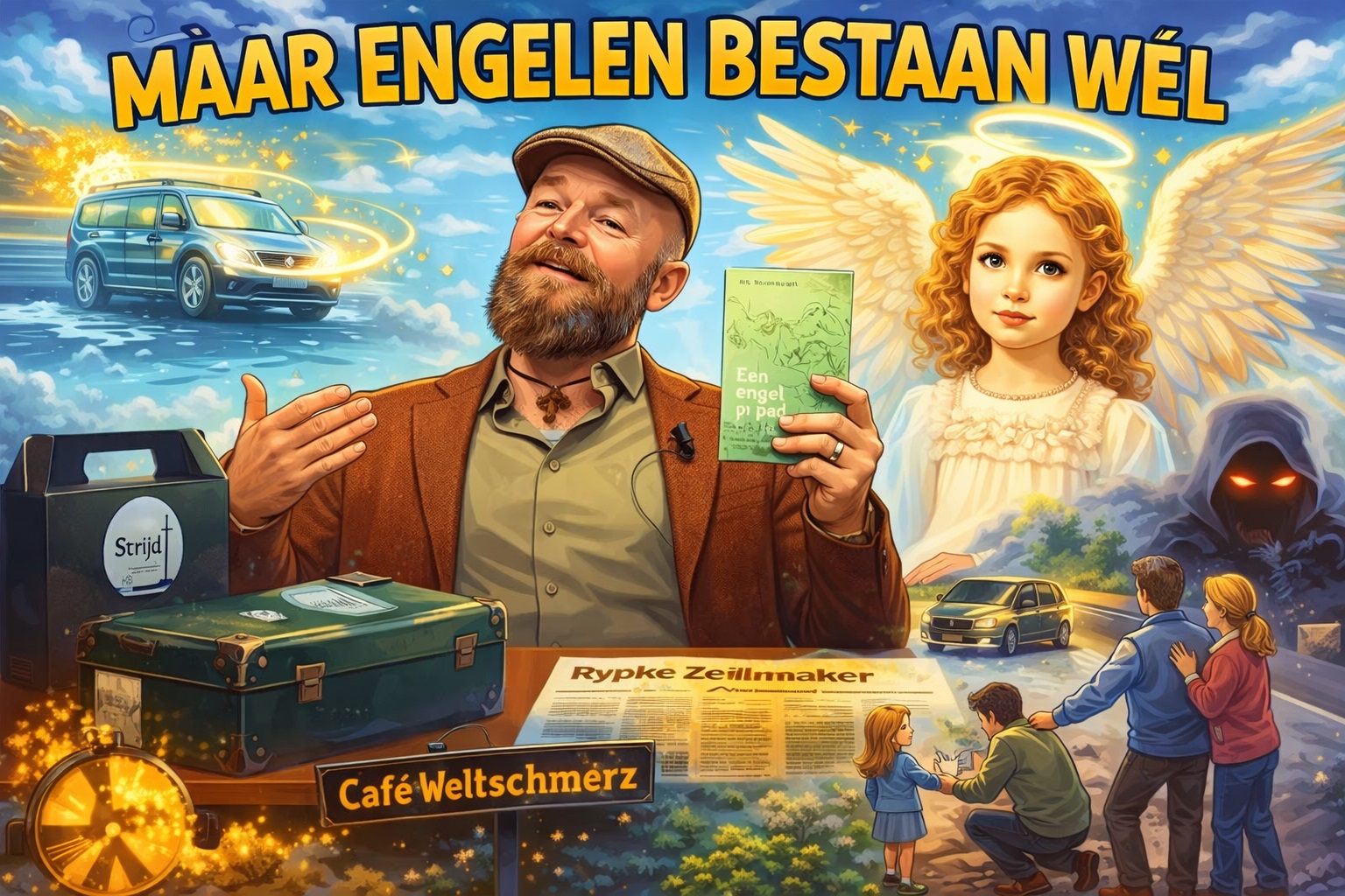Cartoonillustratie van Rypke Zeilmaker in een Café Weltschmerz-studio, terwijl hij het boek Een engel op je pad toont, omringd door scènes van vermeende engeleninterventies zoals verkeersreddingen, beschermengelen en symbolische licht- en schaduwfiguren.
