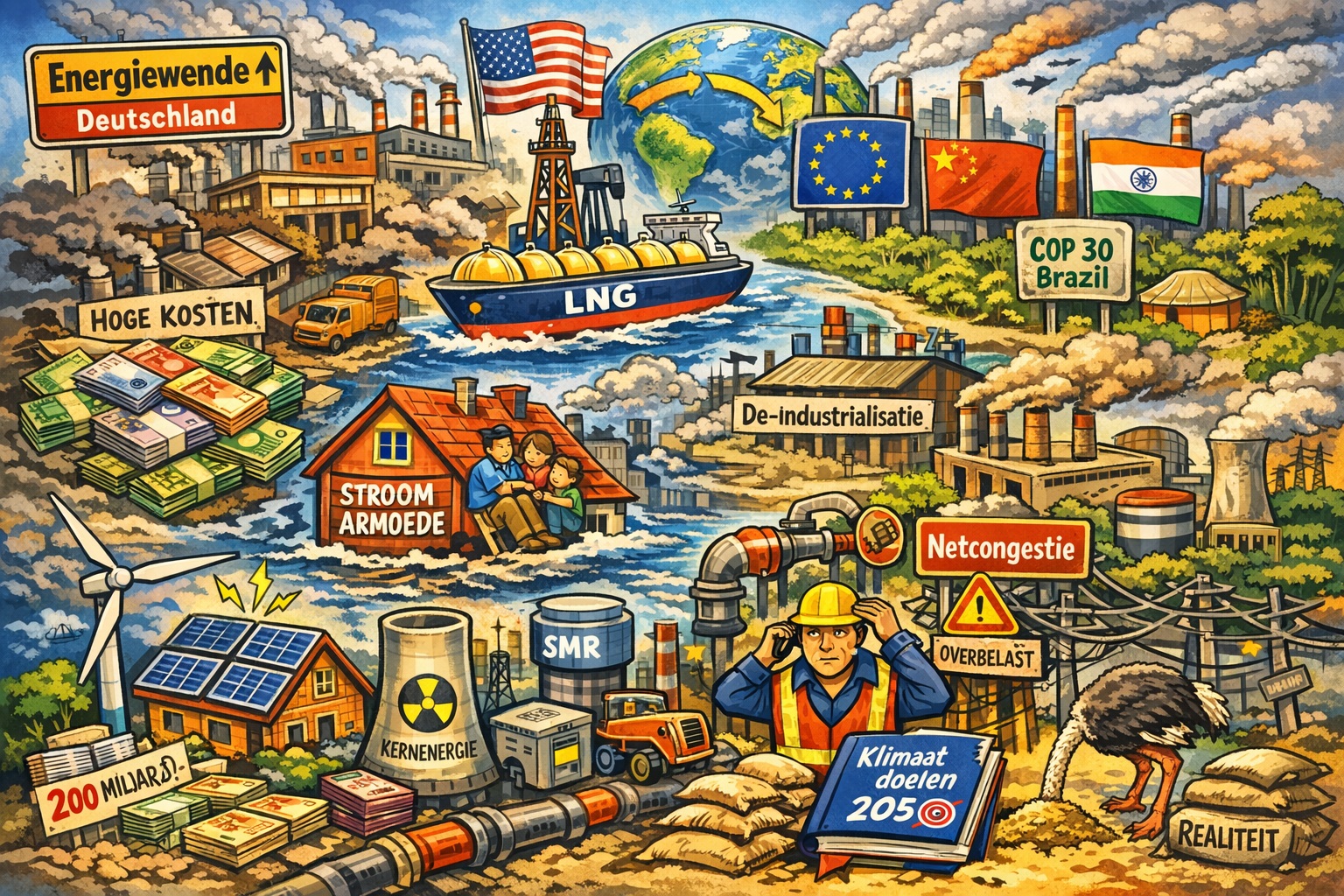 Kleurrijke politieke cartoon over de energietransitie met symbolen voor hoge energieprijzen, netcongestie, de-industrialisatie, LNG-import, klimaatdoelen, kernenergie en geopolitieke spanningen.