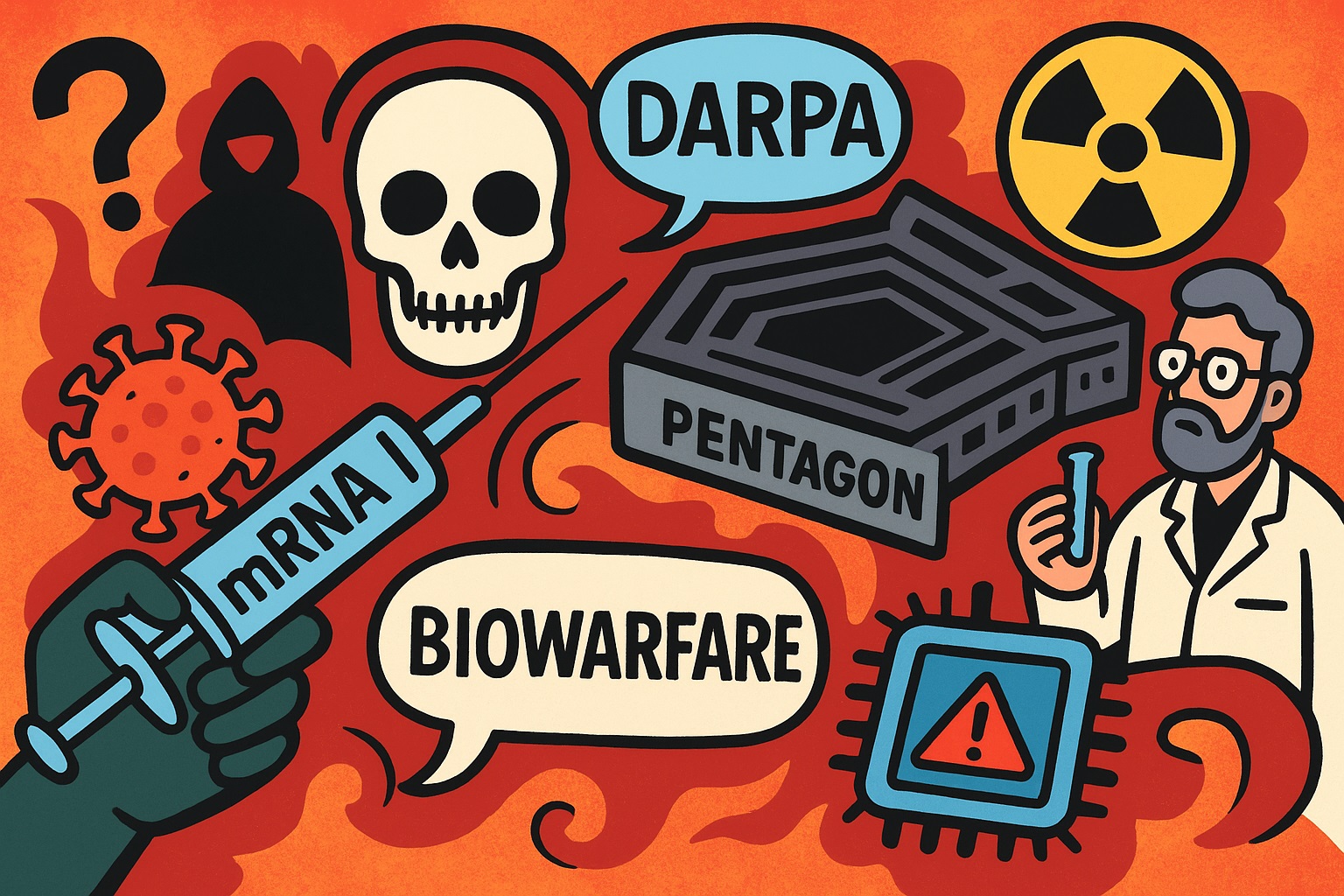 Cartoonachtige illustratie met thema’s zoals biowarfare, mRNA-technologie, militaire onderzoeksinstanties, virussen en symbooliconen zoals een schedel, het Pentagon en een grote spuit.