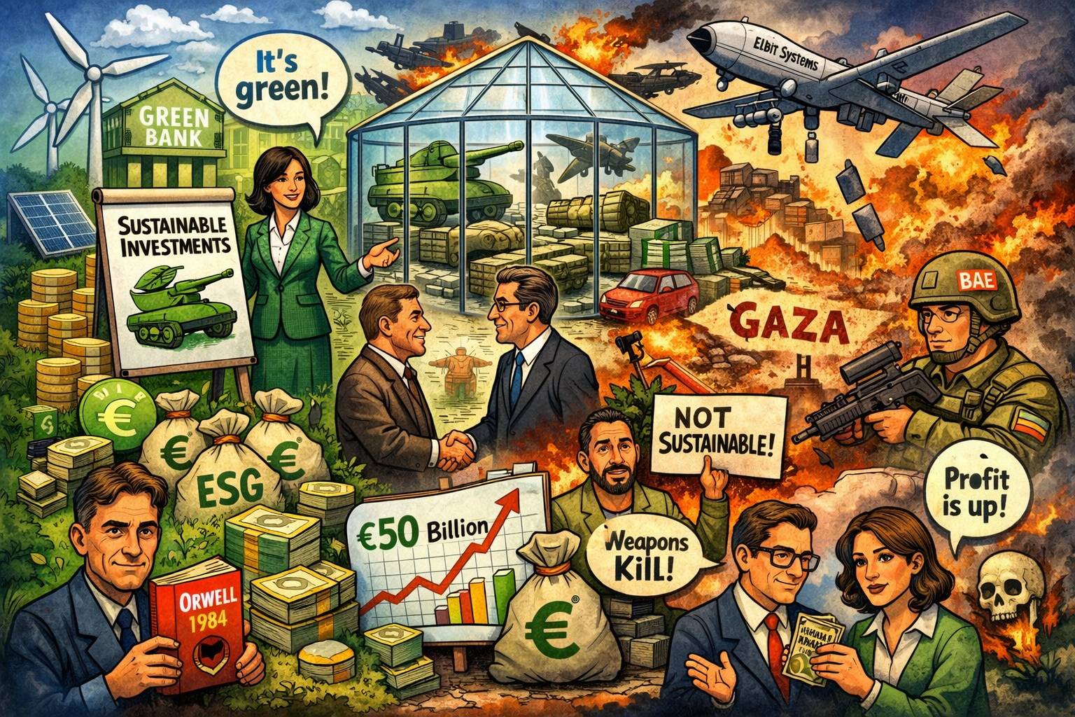 Kleurrijke politieke cartoon waarin groene investeringen, geldzakken en ESG-symbolen worden gecombineerd met tanks, drones, explosies en wapens, om de tegenstelling te tonen tussen duurzame financiering en de wapenindustrie.