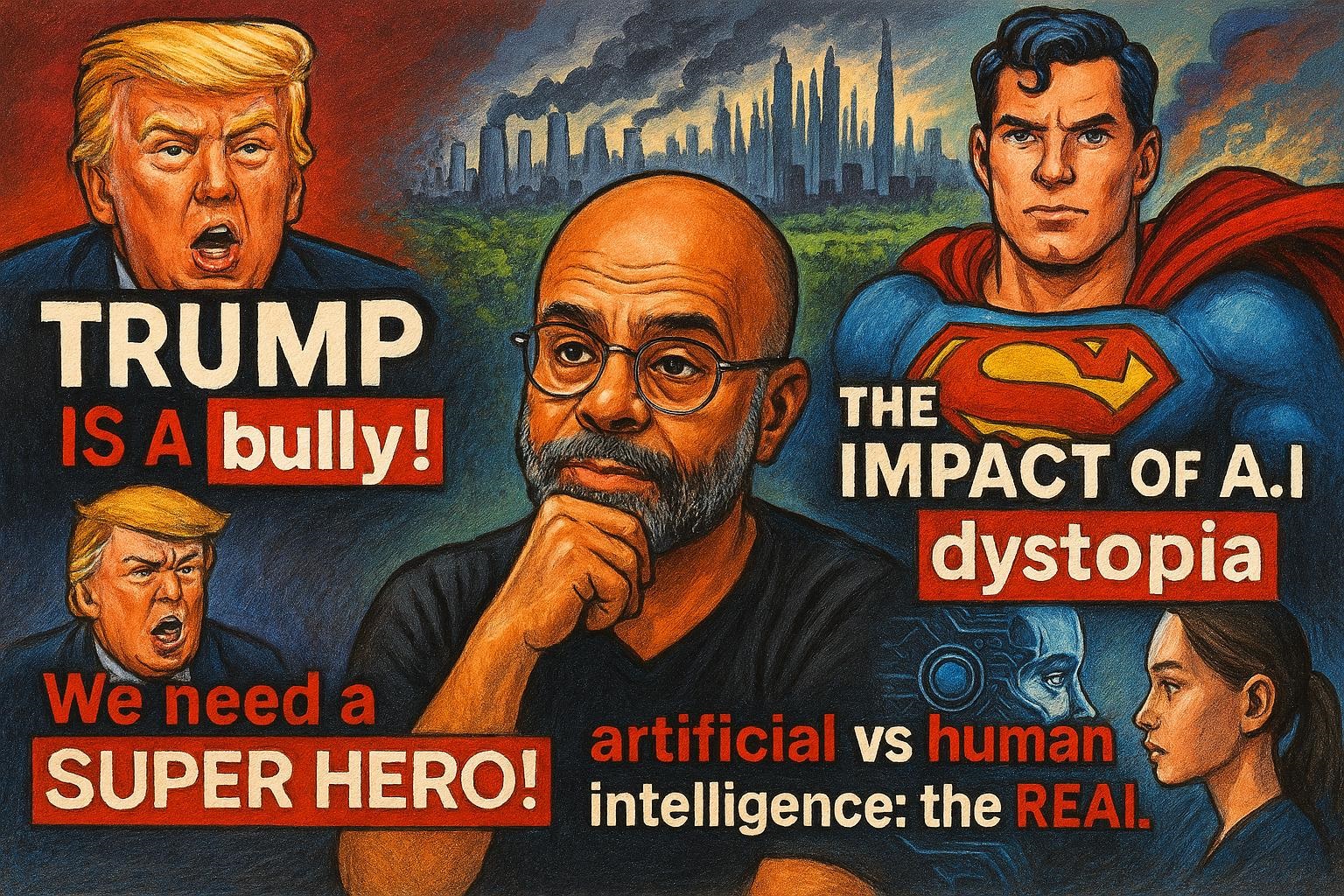 Kleurrijke cartoonafbeelding waarin thema’s rond kunstmatige intelligentie samenkomen: een futuristische stad in rook, een superheld‑figuur als symbool van hoop, een robotgezicht tegenover een menselijk gezicht, en Nederlandse teksten over AI‑dystopie, superhelden en het verschil tussen menselijke en kunstmatige intelligentie.