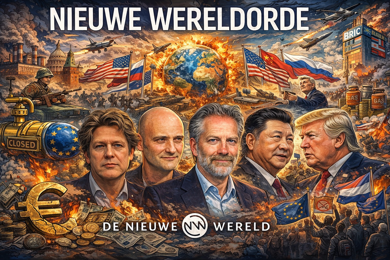 Cartoonachtige illustratie van de nieuwe wereldorde met geopolitieke spanningen, energiecrisis, grootmachten, Europa en mondiale machtsverschuivingen, gebaseerd op een uitzending van De Nieuwe Wereld.