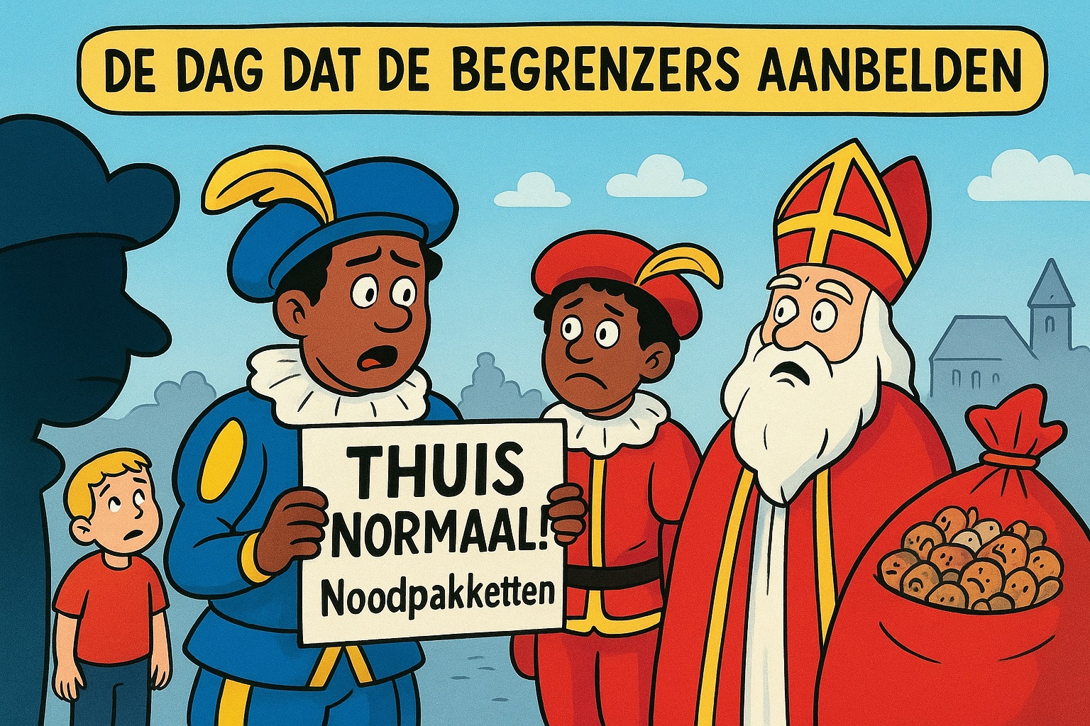 Cartoon van het Sinterklaasfeest waarin Pieten en Sinterklaas bezorgd kijken naar een bord met de tekst “Thuis normaal! Noodpakketten”, terwijl een kind en een zak met stenen symbool staan voor het debat over angst en kinderbescherming.