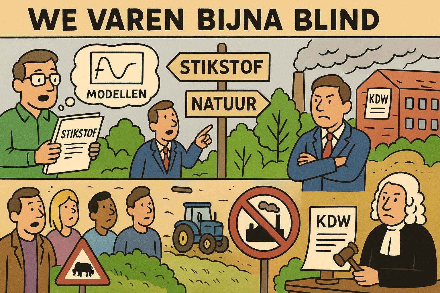 Cartoon over het Nederlandse stikstofbeleid met thema’s zoals modellering, kritische depositiewaarden, natuurbeleid, juridische besluitvorming en maatschappelijke gevolgen, weergegeven in één kleurrijke illustratie zonder focus op specifieke personen.