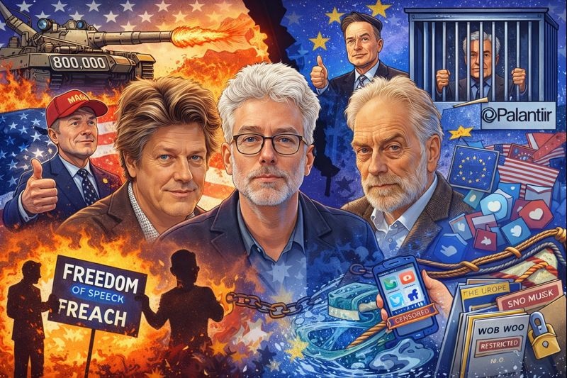 Cartoonachtige illustratie met Ad Verbrugge, Rogier van Bemmel en Kees de Kort tegen een gespleten achtergrond van Amerikaanse en Europese symbolen, met verwijzingen naar oorlog, sancties, vrijheid van meningsuiting, digitale censuur en geopolitieke spanningen.