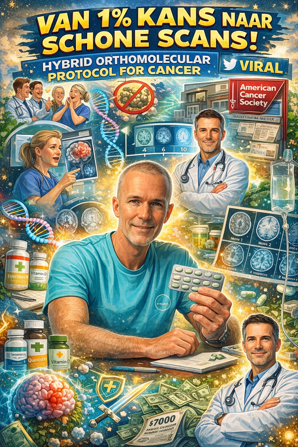 Kleurrijke, fotoachtige cartoonillustratie van een man met hersenkanker die zijn herstel beschrijft, omringd door medische beelden, hersenscans, pillen, wetenschappelijke symbolen en verwijzingen naar het Hybrid Orthomolecular Protocol for Cancer van Dr. Ilyes Baghli.