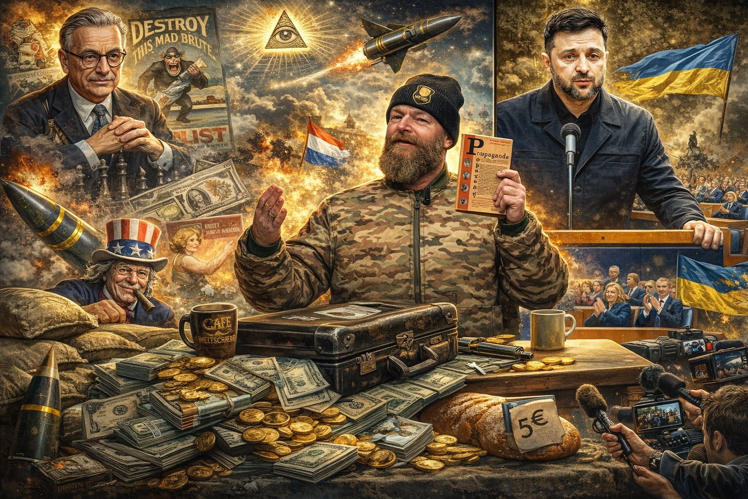 Cartoonachtige illustratie van Rypke Zeilmaker in legerkleding met het boek “Propaganda” van Edward Bernays, geflankeerd door symbolen van oorlog, media, geldstromen en Zelensky sprekend voor een parlement met Oekraïense vlaggen.