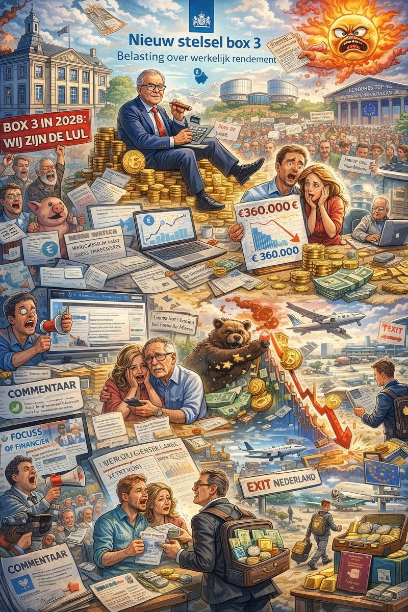Kleurrijke satirische illustratie over het nieuwe box 3-stelsel in 2028, met burgers, beleggers, grafieken, belastingdocumenten, protesterende menigte, dalende vermogens, vertrek uit Nederland en verwijzingen naar belasting over werkelijk rendement.