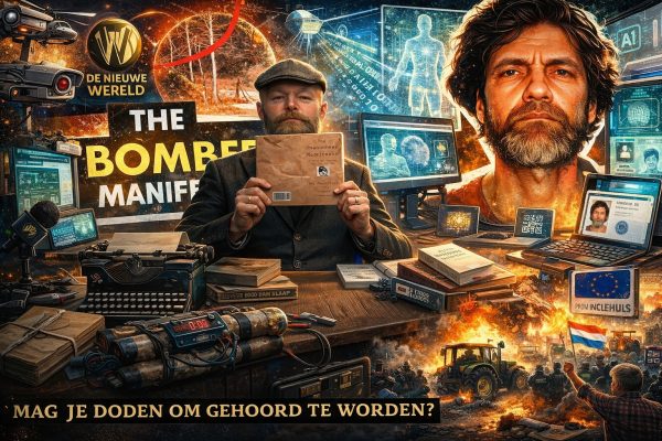 Cartoonachtige, foto-realistische illustratie van een studio-opstelling met een presentator die een boek vasthoudt, omringd door symbolen van technologie, surveillance, digitalisering, protest, landbouw, media en maatschappelijke controle.