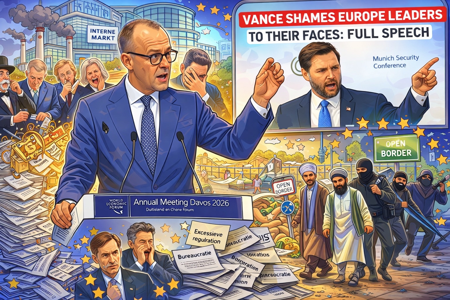 Cartoonachtige illustratie van een toespraak op het World Economic Forum in Davos, met Europese leiders, stapels bureaucratische documenten, EU-symbolen, open grenzen en een scherm met een speech van JD Vance.