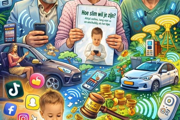 Illustratieve cartoon met drie gesprekspartners van De Andere Tafel, smartphones, zendmasten, stralingsgolven, kinderen met telefoons, natuur en digitale technologie in één samengesteld beeld.