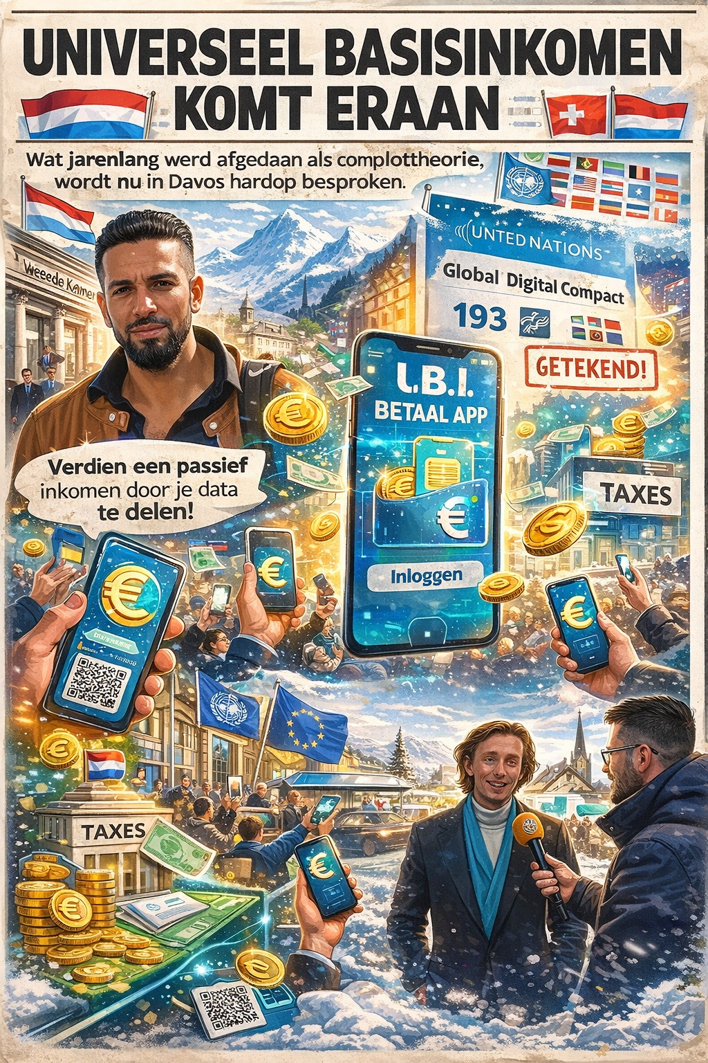Kleurrijke cartoon over universeel basisinkomen, data-monetisering, Davos, digitale euro, VN-193 landen, smartphone-app en interviews in een bergdorp.