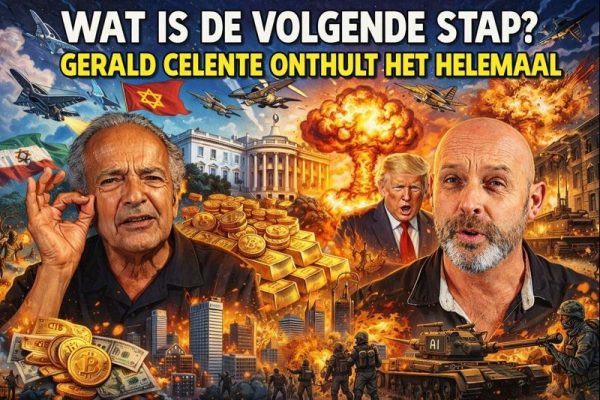 Cartoonillustratie van Gerald Celente en Ivor Cummins met thema’s als goud, oorlog, geopolitiek, economie, AI en financiële onzekerheid.