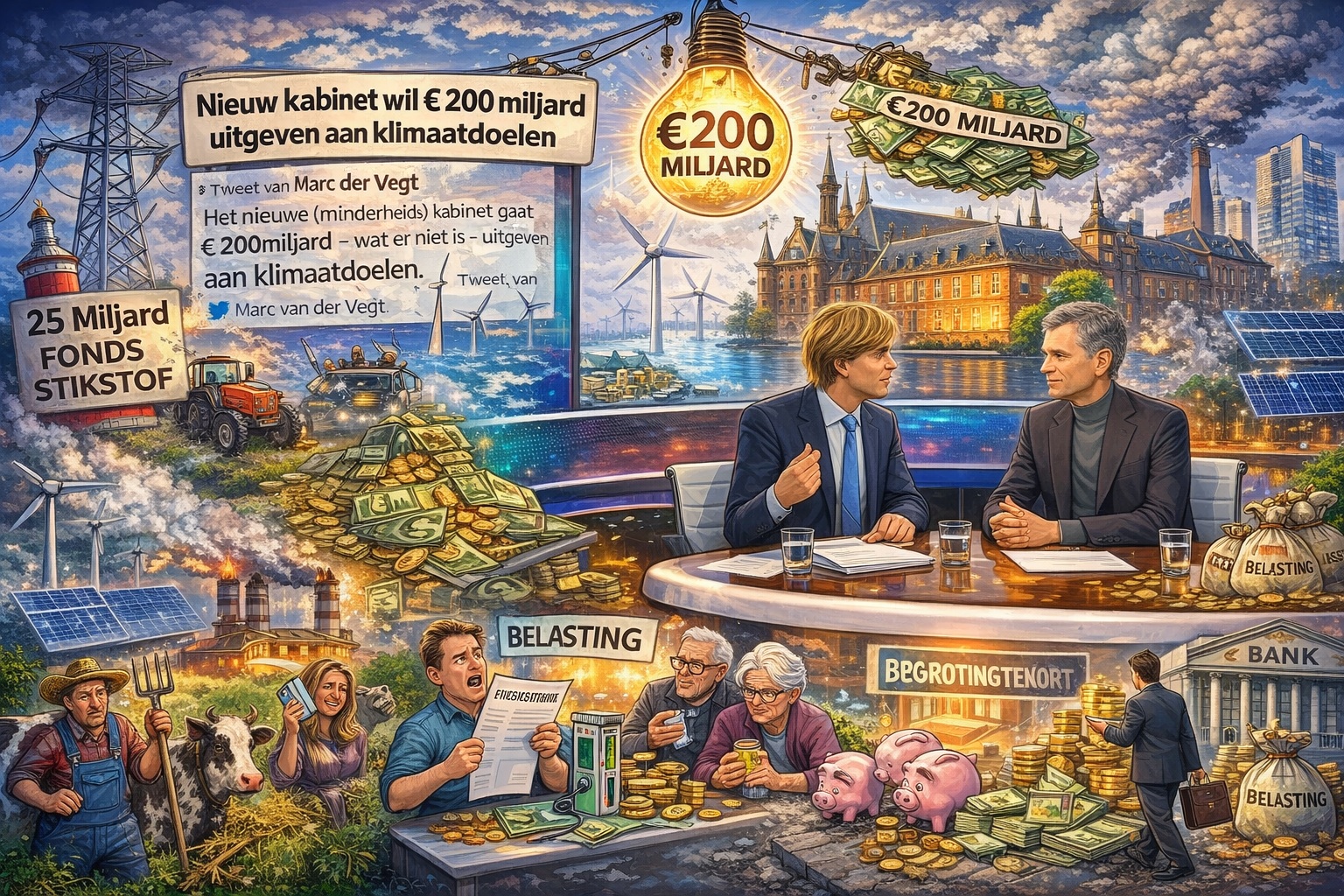 Kleurrijke, fotoachtige cartoon van een televisiedebat over kabinetsplannen, met op de achtergrond het Binnenhof, windmolens, hoogspanningsmasten, geldstromen, boeren, burgers en symbolen voor klimaatbeleid, belastingen, zorg en begrotingstekort.