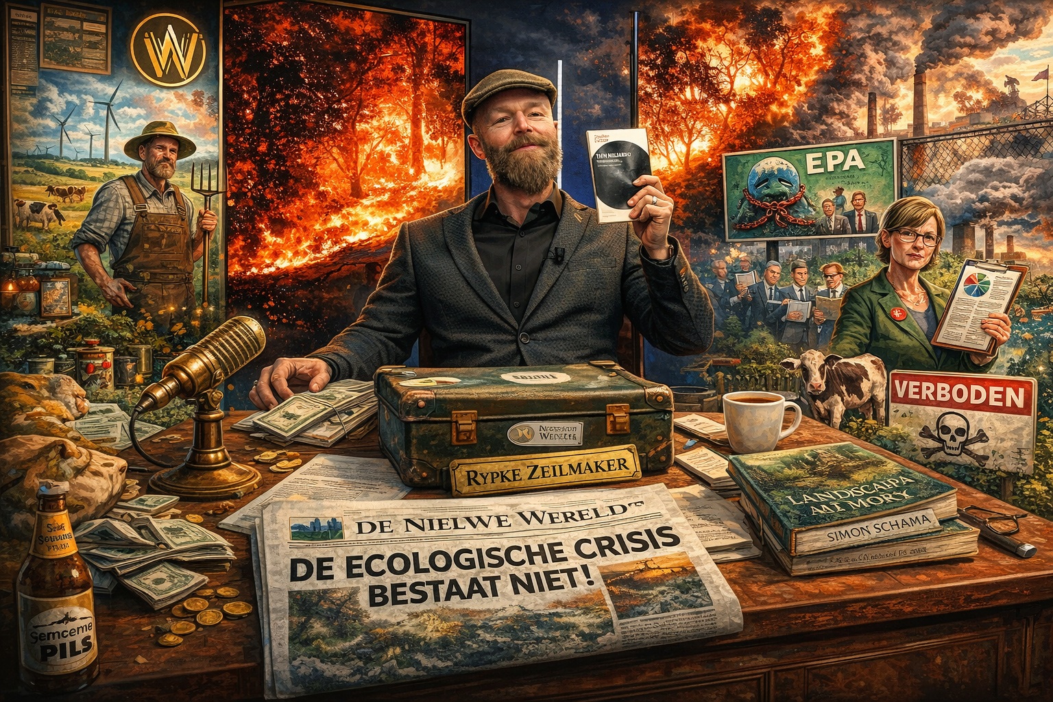 Kleurrijke, fotoachtige cartoon van Rypke Zeilmaker in een studio, omringd door brandende bossen, boeren, windmolens, bureaucratie en natuursymbolen, verwijzend naar het debat over ecologie, natuurbeleid en cultuur.