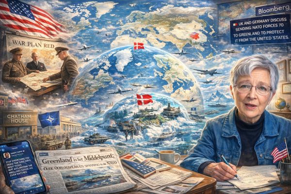 Illustratieve cartoon met wereldkaart, militaire vliegtuigen, Groenland centraal, NAVO-symboliek, historische verwijzing naar War Plan Red en een analist aan bureau, die geopolitieke spanningen rond Groenland en het Atlantisch bondgenootschap verbeeldt.