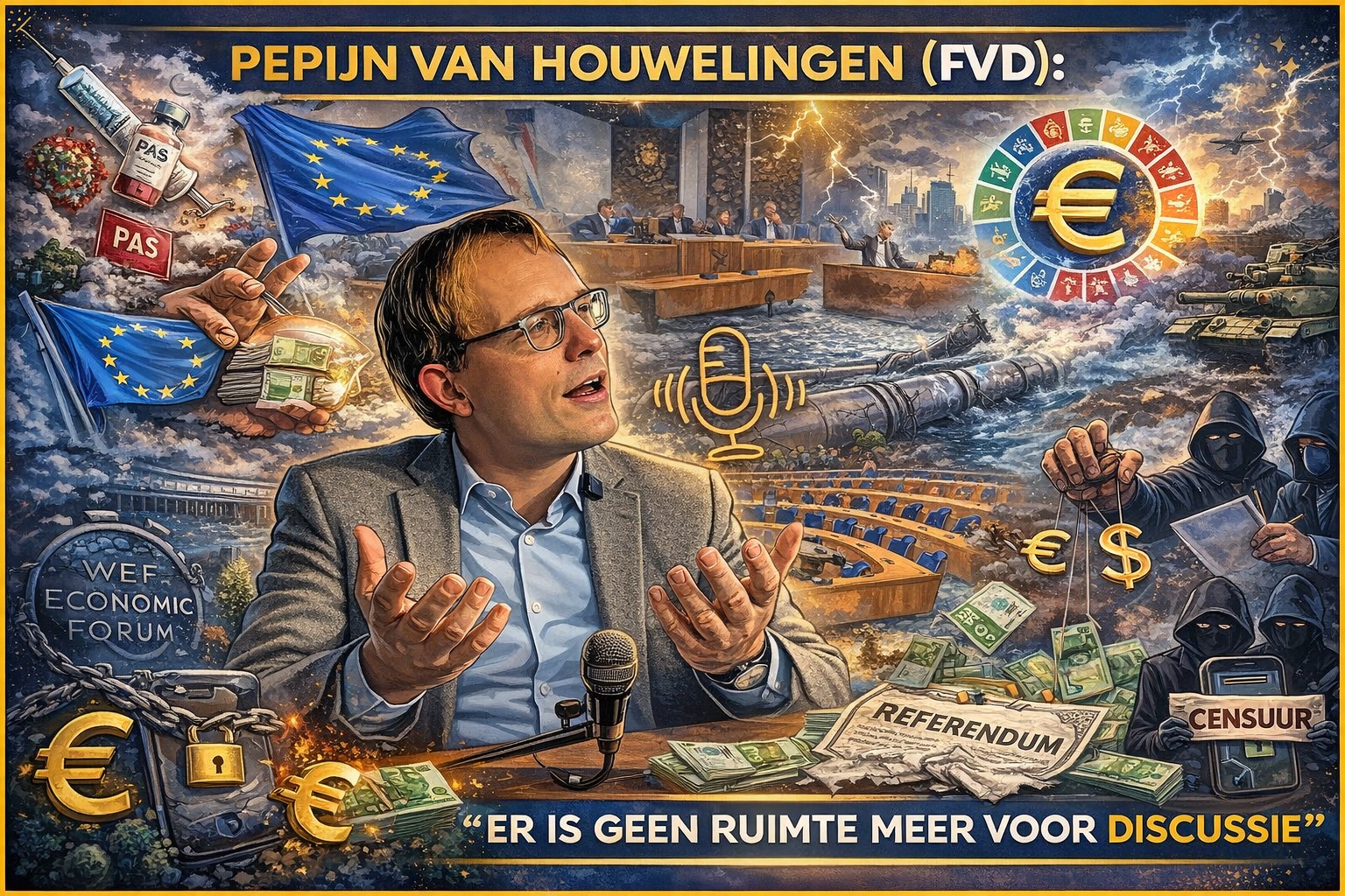 Illustratie van Pepijn van Houwelingen in de Tweede Kamer, omringd door symbolische beelden van Europese politiek, media, censuur, geldstromen, oorlog, migratie en referenda.