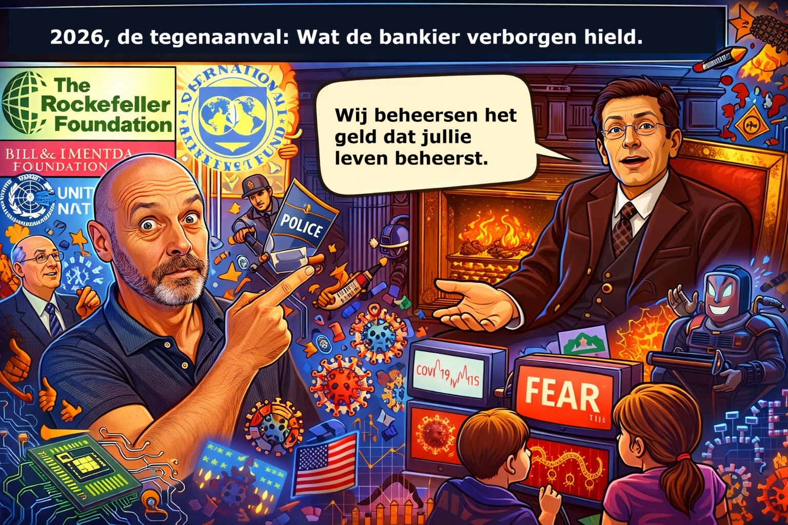 Cartoonillustratie over macht, geld en invloed in 2026, met een bankier, media, instituties en maatschappelijke thema’s in één scène samengebracht.