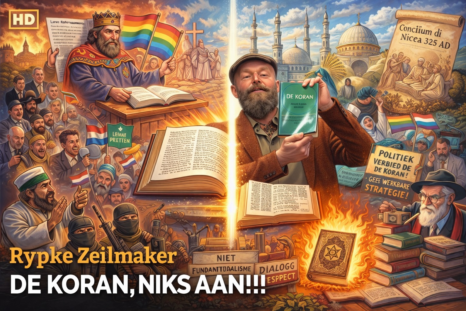 “Cartoonachtige illustratie met Bijbel en Koran centraal, omringd door religieuze, historische en maatschappelijke symbolen die het debat over geloof, cultuur en politiek verbeelden.”