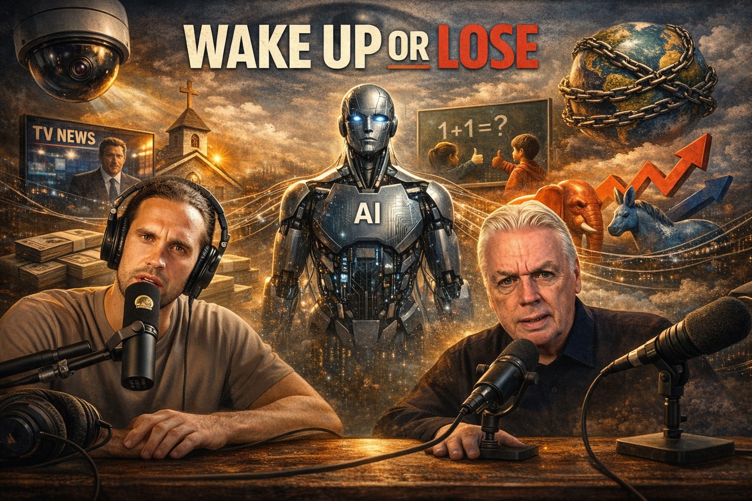 Brede, cinematografische illustratie met twee podcastmakers achter microfoons, een humanoïde AI-figuur in het midden en symbolische elementen zoals nieuwsmedia, toezicht, onderwijs, politiek, geld en een geketende wereldbol, onder de kop “Wake Up or Lose”.