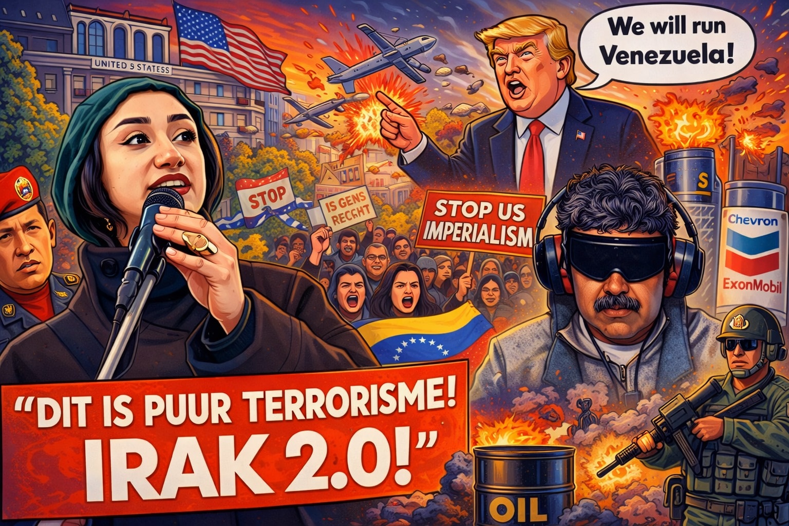 Cartoonachtige illustratie van een demonstratie bij het Amerikaanse consulaat, met sprekers, protestborden, Venezolaanse vlag, militaire symbolen en olie-industrie als verbeelding van protest tegen Amerikaanse inmenging in Venezuela.