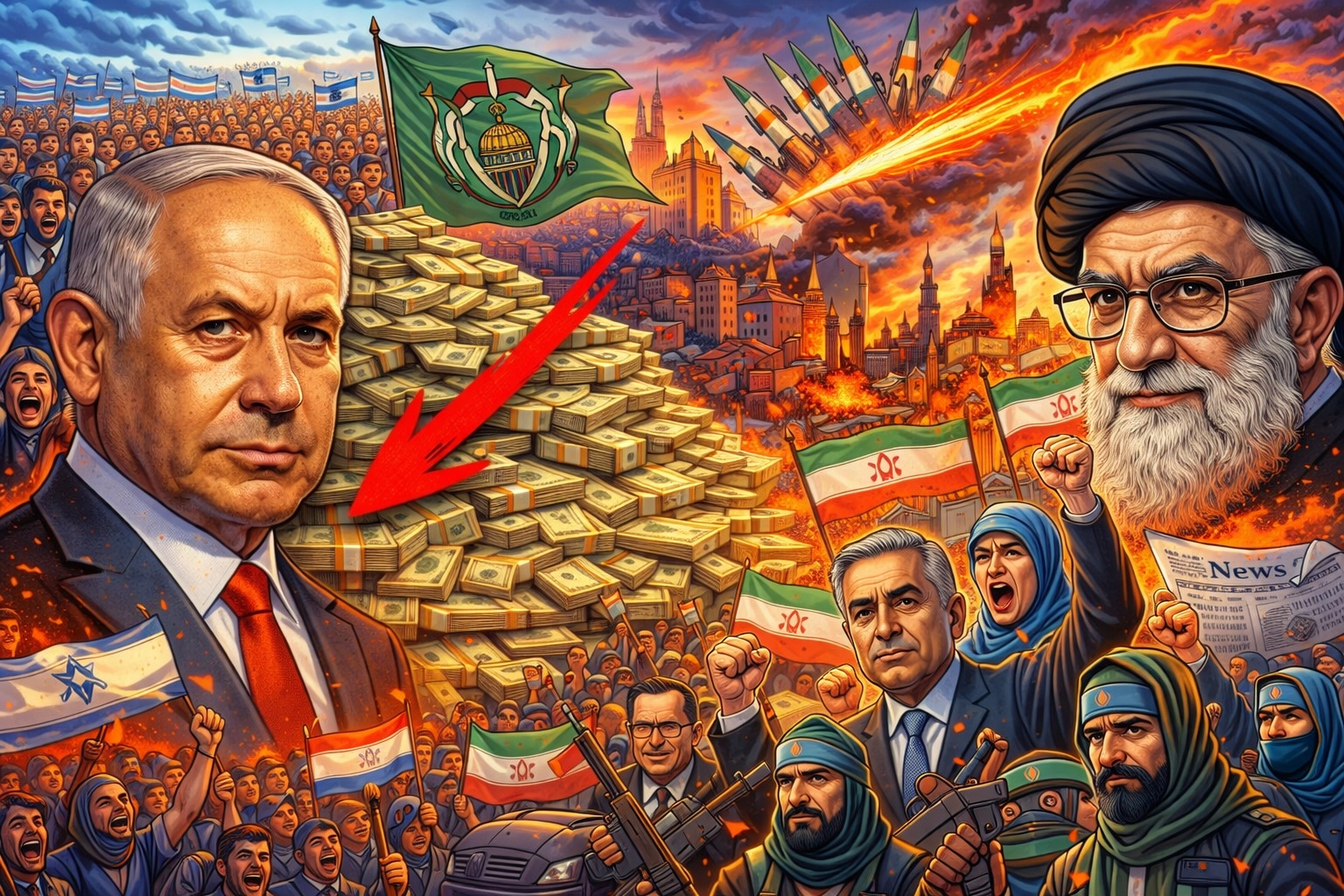Illustratie van geopolitieke spanningen met protesten, geldstromen, oorlogssymboliek en conflicten rond Israël, Gaza en Iran in één beeld.