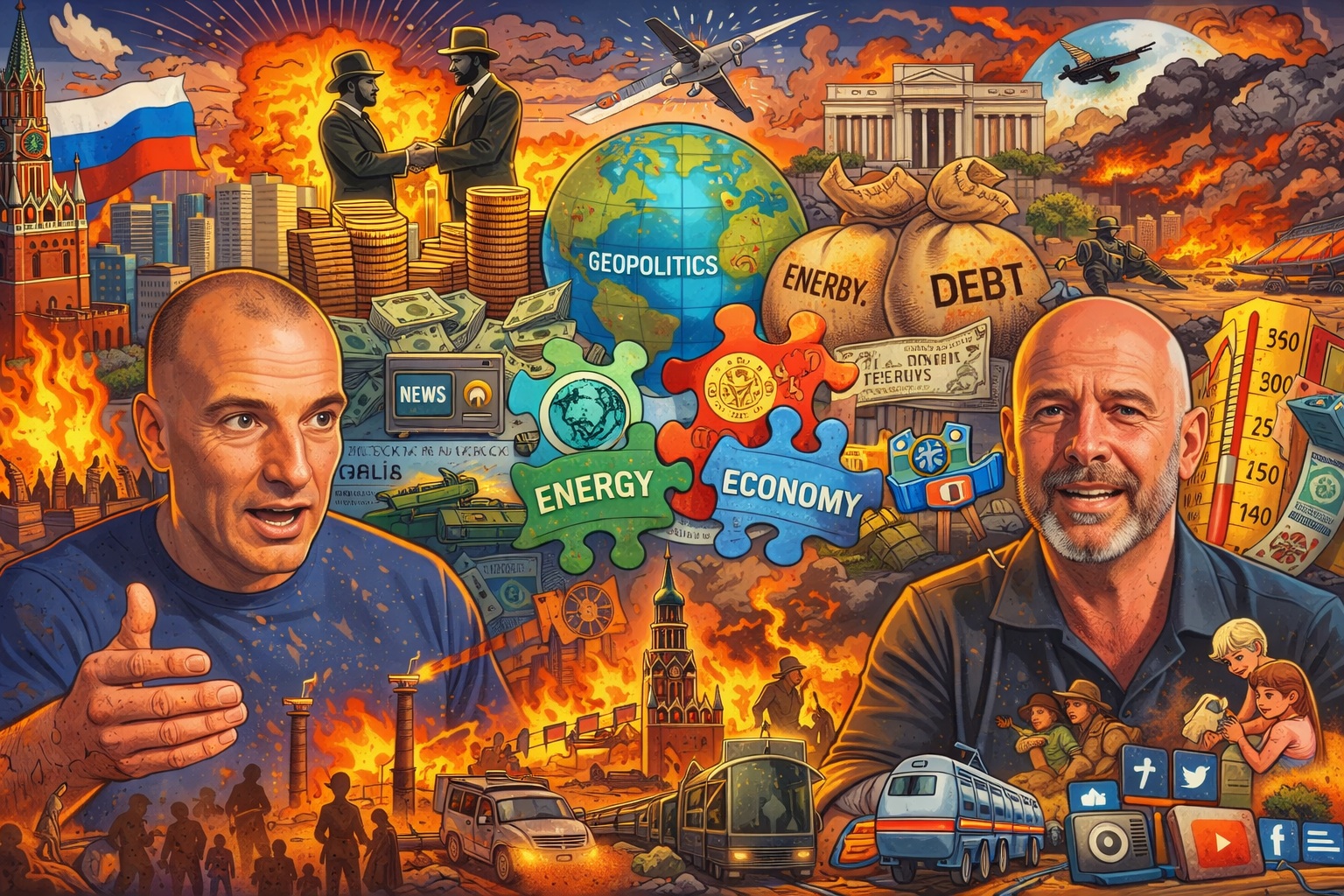 Tekenachtige illustratie met Alex Krainer en Ivor Cummins, omringd door symbolen van geopolitiek, energie, economie, schuld, media en conflict.
