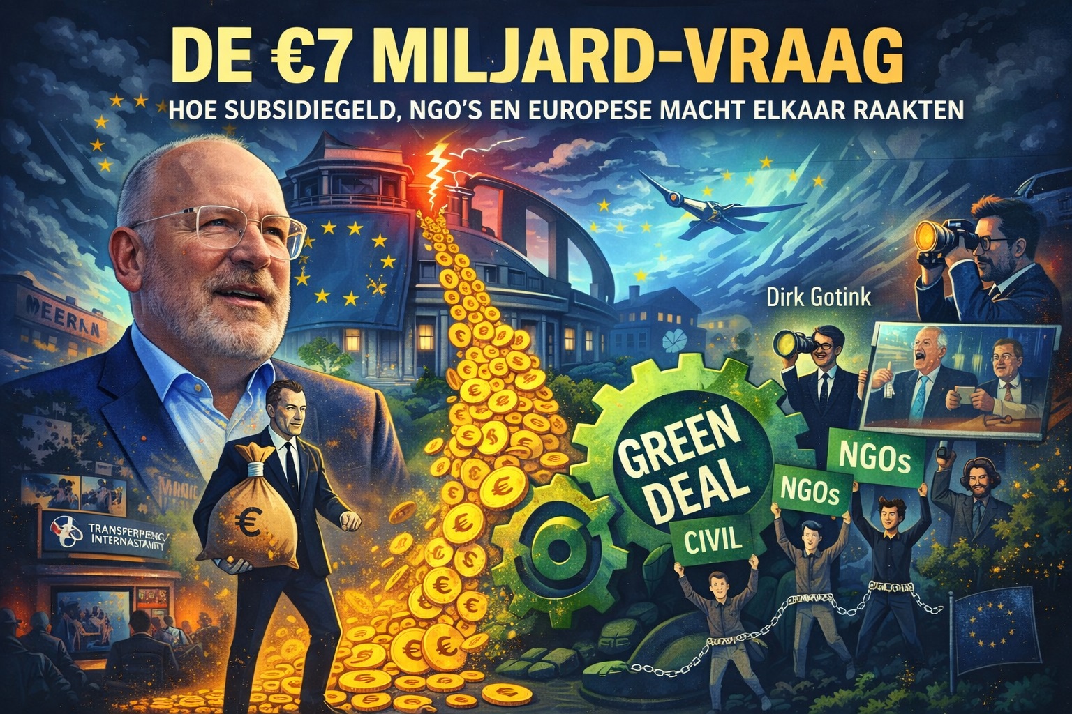 Kleurrijke politieke cartoon over het Europese NGO-lobbyschandaal rond de Green Deal, met symbolen voor geldstromen, het Europees Parlement, NGO’s en toezicht, en portretten van Frans Timmermans en Dirk Gotink.