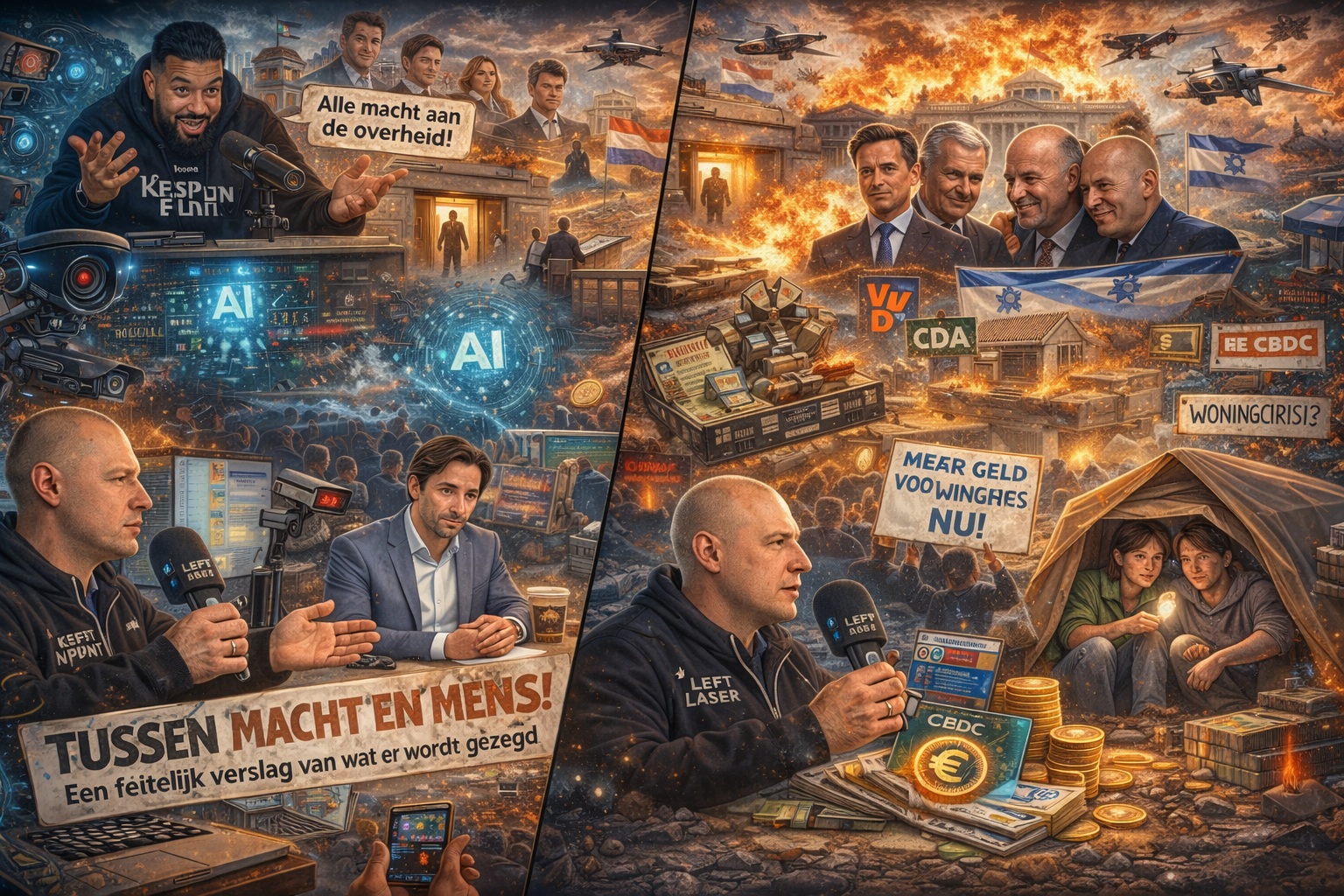 Fotoachtige cartoon waarin twee YouTube-interviews samenkomen: links een studio-opname van Krispijnpunt met presentator Johnatan Krispijn over data, AI en macht, rechts een Left Laser-interview met Bob Scholte over het regeerakkoord, defensie-uitgaven en de woningcrisis, geplaatst in een bredere politieke en maatschappelijke context.