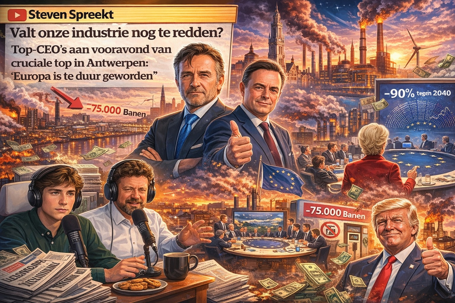 Kleurrijke, cartoon van een industrietop in Antwerpen met rokende fabrieken, een EU-vergadertafel, een bord met “-90% tegen 2040”, een verwijzing naar 75.000 verloren banen en twee podcastmakers die het onderwerp bespreken. Op de achtergrond symbolen van energie, geld en industrie.