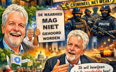 Kleurrijke cartooncollage met Arno van Kessel centraal, omringd door protesten, politie-eenheden, rechtszaal-symboliek, demonstranten met borden, mediakoppen, en publieke figuren zoals Mark Rutte, Bill Gates en Marion Koopmans, die de spanningen rond zijn arrestatie, rechtszaak en publieke debat over macht, rechtspraak en framing uitbeelden.
