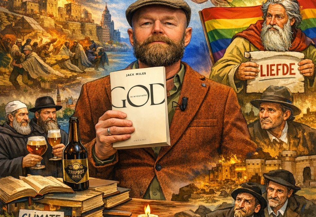 Fotoachtige cartoon waarin Rypke Zeilmaker het boek God: A Biography vasthoudt, omringd door Bijbelse scènes, ballingschap, een gulden met “God zij met ons”, monniken met bier en moderne maatschappelijke thema’s zoals klimaatdebat en morele verandering.