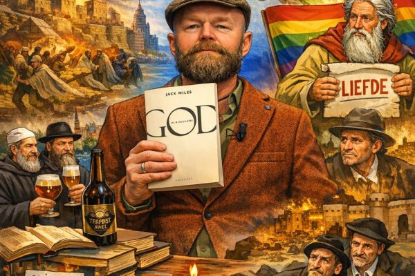 Fotoachtige cartoon waarin Rypke Zeilmaker het boek God: A Biography vasthoudt, omringd door Bijbelse scènes, ballingschap, een gulden met “God zij met ons”, monniken met bier en moderne maatschappelijke thema’s zoals klimaatdebat en morele verandering.