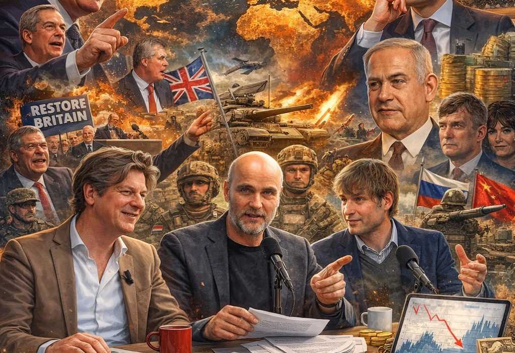 Cartoonachtige collage van De Nieuwe Wereld met Jasper van Dijk, Ad Verbrugge en Jelle van Baardewijk aan tafel, omringd door oorlogsscènes, grafieken, geld, wereldleiders, militaire escalatie, Restore Britain en geopolitieke spanningen rond Iran, Rusland en China, als visuele verbeelding van systeemcrisis, defensie-uitgaven en mondiale machtsverschuivingen.
