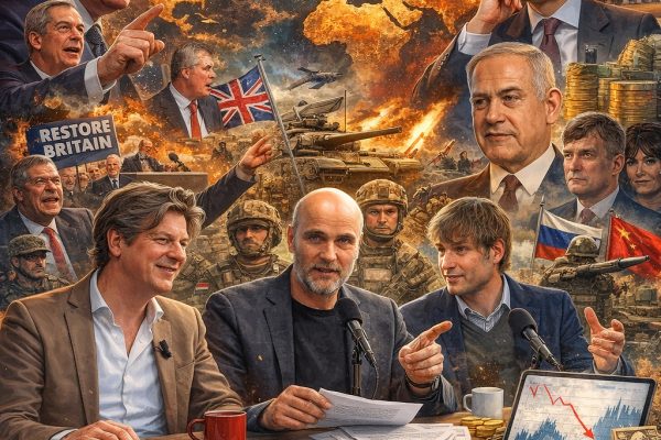 Cartoonachtige collage van De Nieuwe Wereld met Jasper van Dijk, Ad Verbrugge en Jelle van Baardewijk aan tafel, omringd door oorlogsscènes, grafieken, geld, wereldleiders, militaire escalatie, Restore Britain en geopolitieke spanningen rond Iran, Rusland en China, als visuele verbeelding van systeemcrisis, defensie-uitgaven en mondiale machtsverschuivingen.