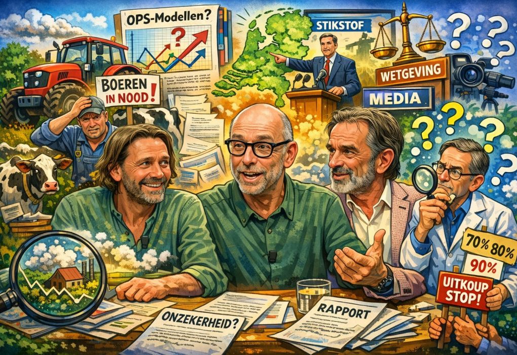 Cartoon van een stikstofdebat in Nederland waarin wetenschappers, media, politiek en boeren samenkomen rond onzekerheid over rekenmodellen, met symbolen zoals grafieken, rapporten, een tractor en protestborden.