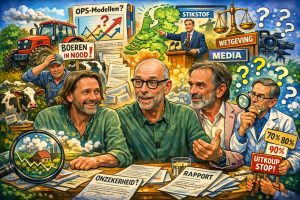 Cartoon van een stikstofdebat in Nederland waarin wetenschappers, media, politiek en boeren samenkomen rond onzekerheid over rekenmodellen, met symbolen zoals grafieken, rapporten, een tractor en protestborden.