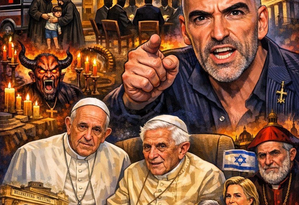 Cartoonachtige collage van het Vaticaan met paus Franciscus en paus Benedictus XVI, Leo Zagami op de voorgrond, bliksem boven de Sint-Pieter en symbolen van macht, geheime bijeenkomsten, geld en religieuze structuren.