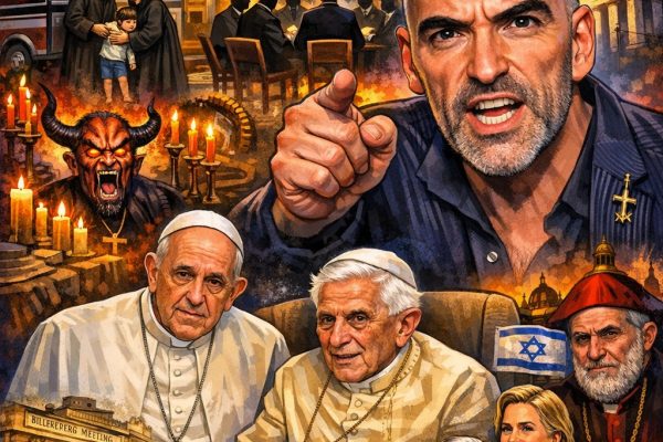 Cartoonachtige collage van het Vaticaan met paus Franciscus en paus Benedictus XVI, Leo Zagami op de voorgrond, bliksem boven de Sint-Pieter en symbolen van macht, geheime bijeenkomsten, geld en religieuze structuren.